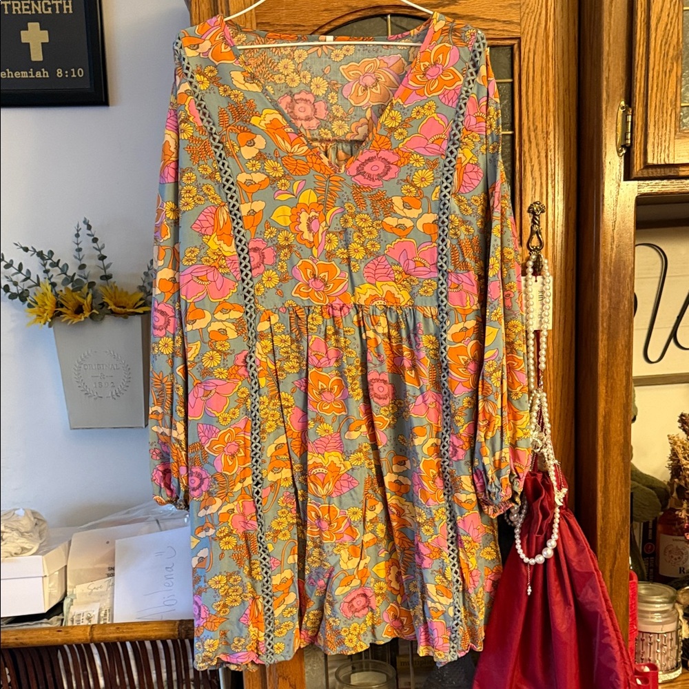 SHEIN Floral Midi Dress - Pink, Orange, Gray